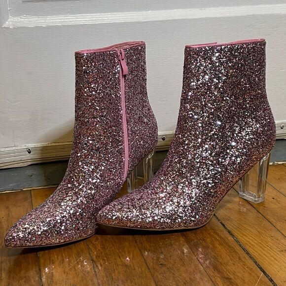 NWOT Allegra K Women’s pink Glitter Pointed Toe Clear Heel Ankle Boots Size 9.5 - Picture 1 of 12
